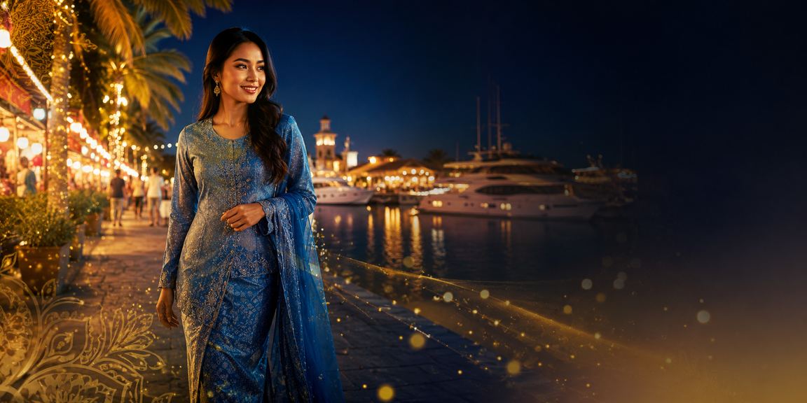 Wanita berbaju kurung menyemak maklumat deposit dan taruhan di Langkawi