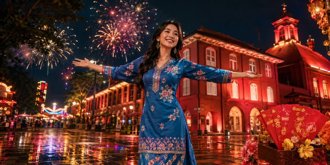 Wanita berbaju kurung menerima bonus sampul merah loteri sempena perayaan di Melaka